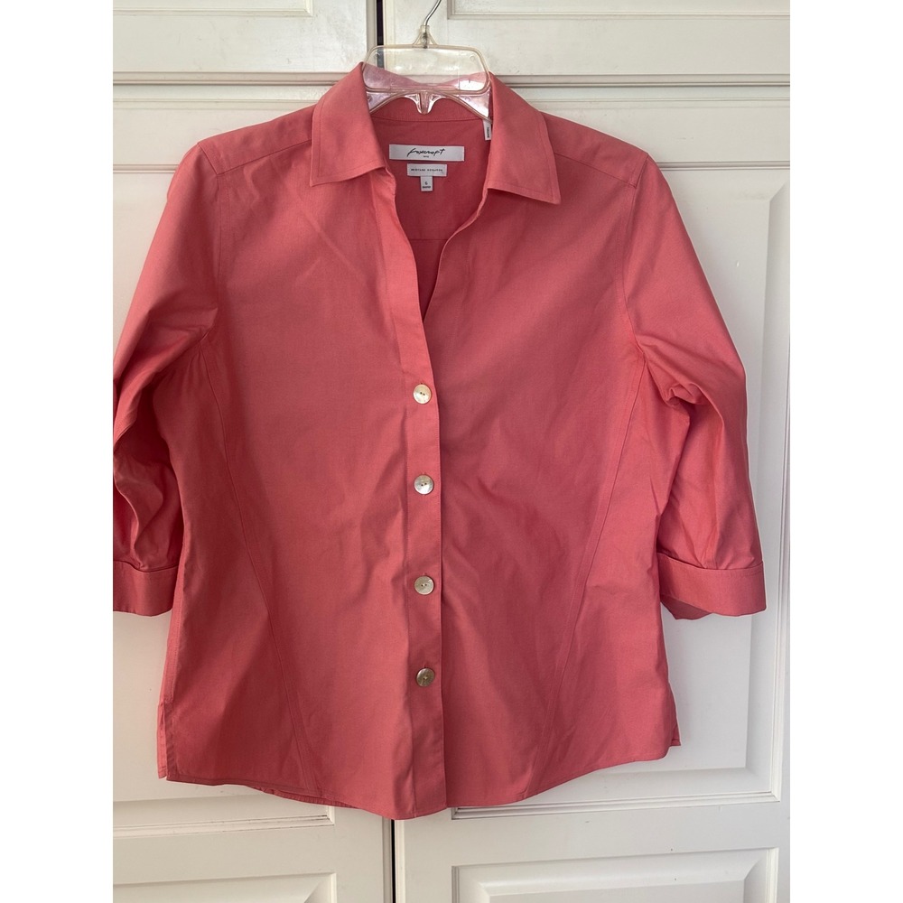 Foxcroft NYC Heritage Non-Iron Shaped Button Up Shirt Coral Pink 3/4 Sleeve 6